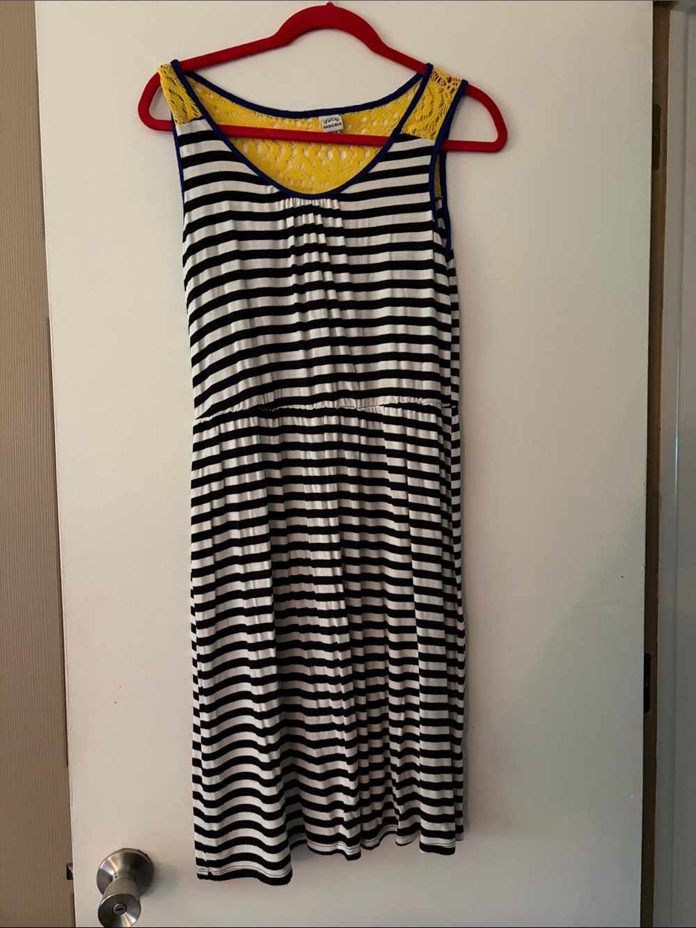 Signature by Sangria Black & White Striped Dress with Yellow Lace Accent